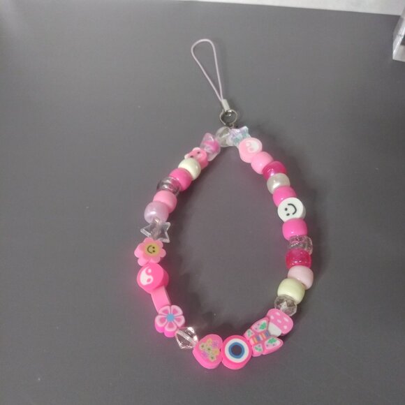 Pink Kawaii Beaded Phone Charm Strap with Flower, Smiley, and Butterfly Charms - Picture 3 of 3